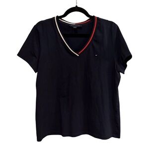 Tommy Hilfiger Navy V-Neck Tee with Red & White Trim